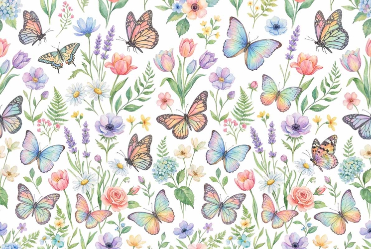 Watercolor butterfly and flower seamless pattern