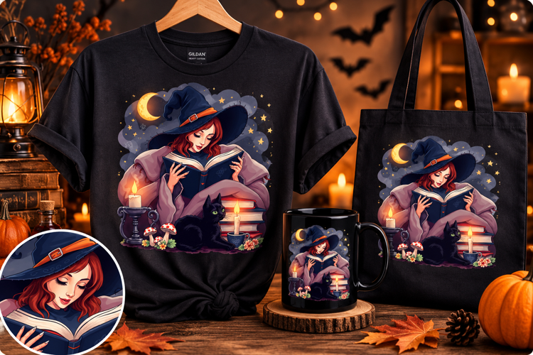Witch Reading Book PNG | Cozy Halloween Witch & Cat Clipart