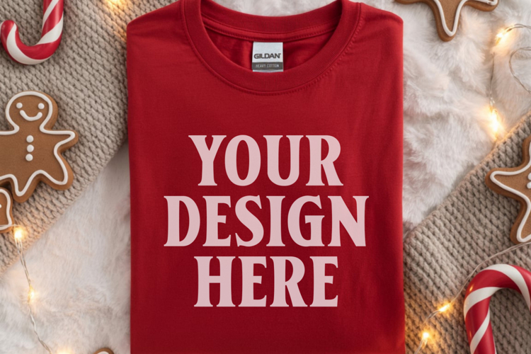 Gildan 64000 Red Folded Christmas Flat Lay T-shirt