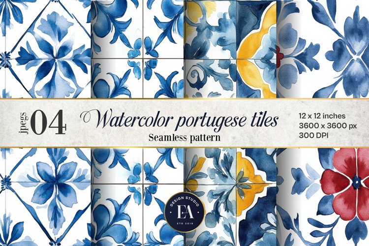 Portuguese Watercolor Tile Pattern, Blue and white tiles example image 1