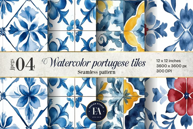 Portuguese Watercolor Tile Pattern, Blue and white tiles