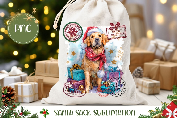 Watercolor Christmas Dog Santa Sack, Cute Gift Bag Design
