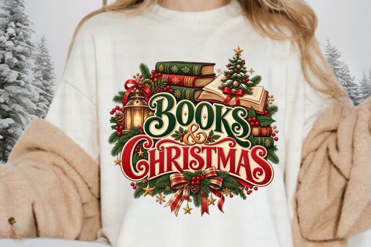 Vintage Christmas Books Illustration, Festive Book Lover example image 1