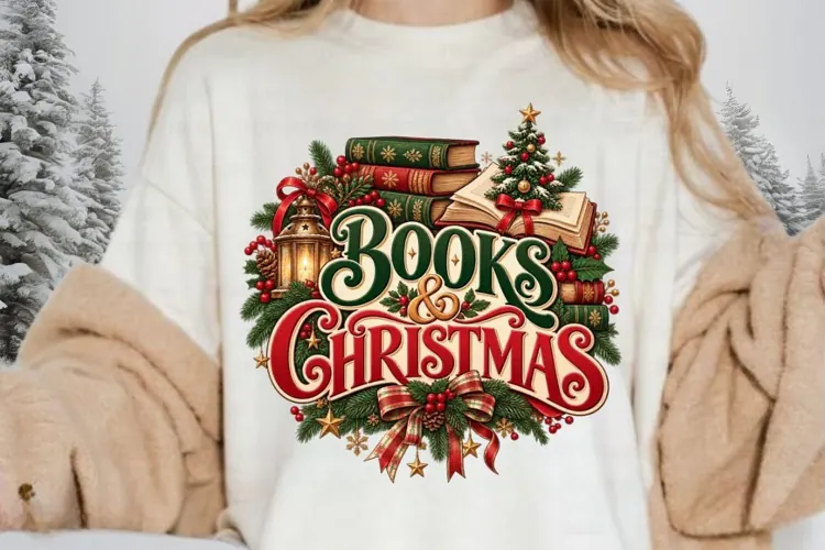 Vintage Christmas Books Illustration, Festive Book Lover