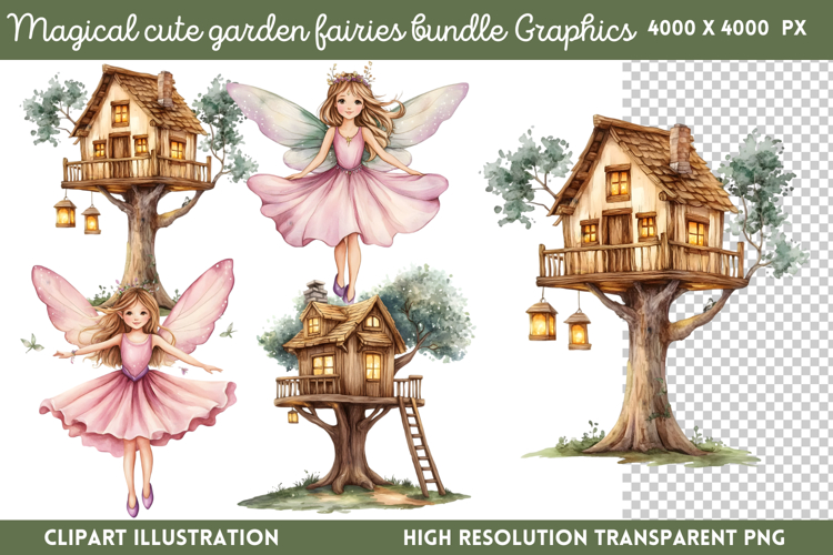 Magical Cute Garden Fairies Clipart PNG