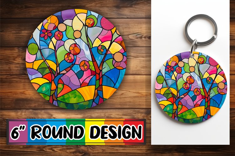 Keychain Stained Glass Tree Sublimation Round Design example image 1