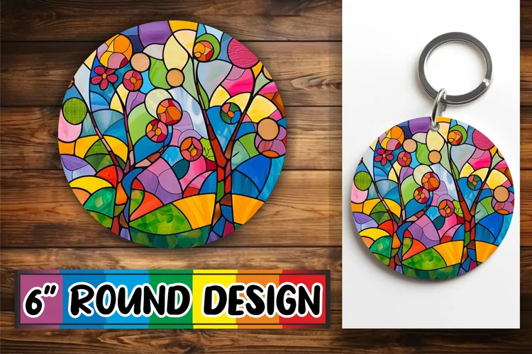 Keychain Stained Glass Tree Sublimation Round Design