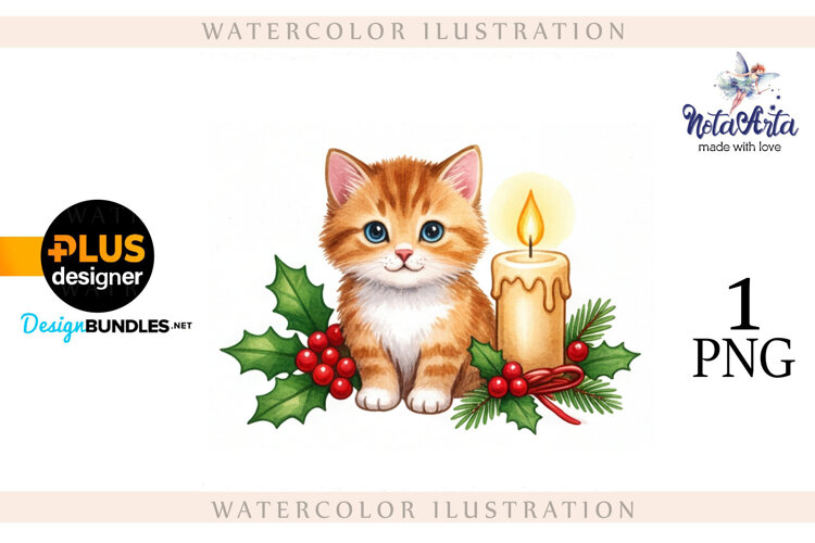 Christmas Kitten in Watercolor Style example image 1