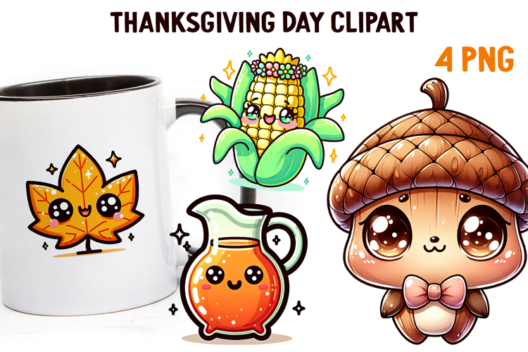 Cute Kawaii Thanksgiving Clipart | Fall Pumpkin Turkey PNG