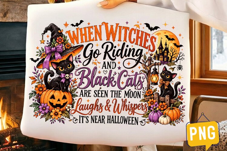 Black Cat Halloween PNG, Witch Cat Pumpkin Haunted Halloween example image 1