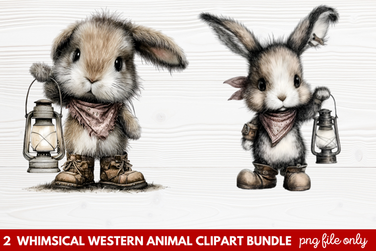 2 Whimsical Western Animal Clipart | Cute Cowboy Animals PNG