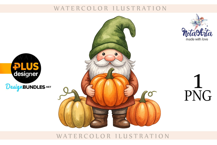 Gnomes with Pumpkin Harvest in Watercolor Style