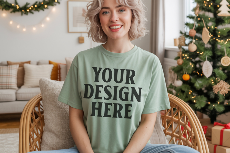 Comfort Colors 1717 Bay Christmas T-Shirt Mockup, Boho