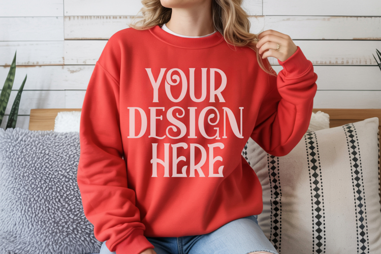 Red Gildan 18000 Mockup, Sweatshirt Crewneck Mockups