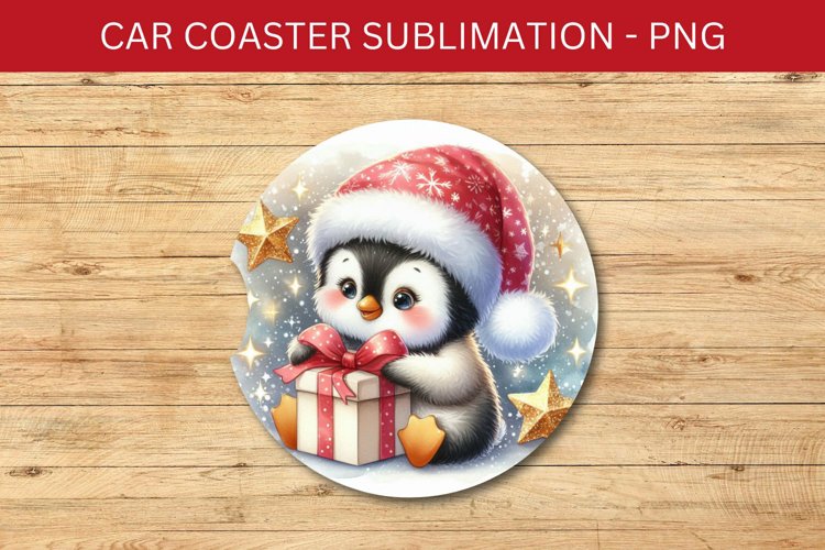 rounded car coaster - penguin and wrapped gift