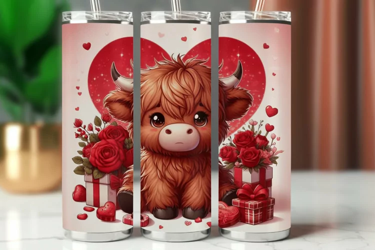 Valentine Tumbler Wrap 20 oz - highland cow with heart