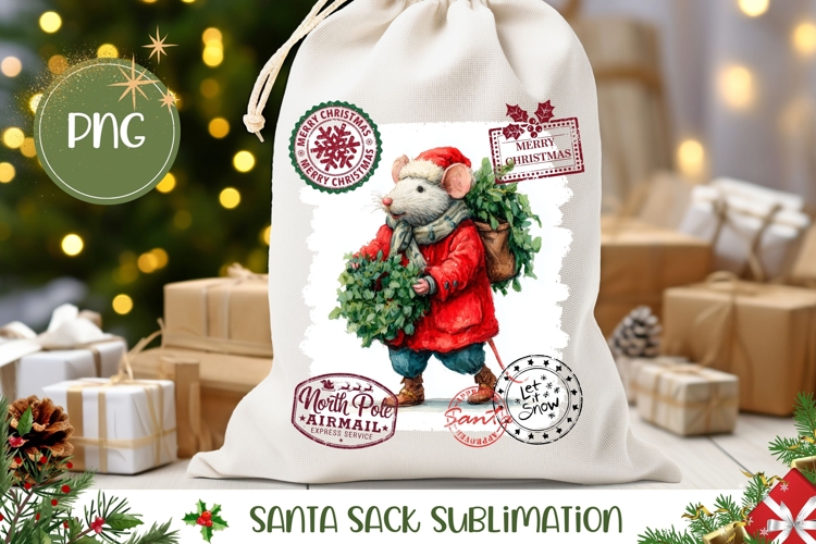 Vintage Christmas Mouse Santa Sack Sublimation