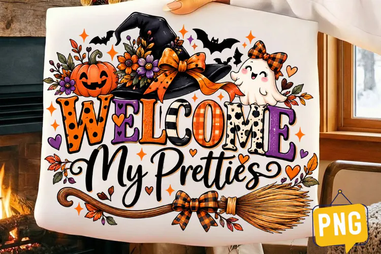 Welcome My Pretties Halloween PNG, Witch Ghost Pumpkin Broom