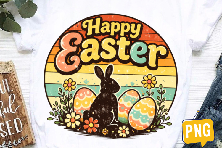 Happy Easter Vintage Bunny Eggs Floral Retro PNG Design