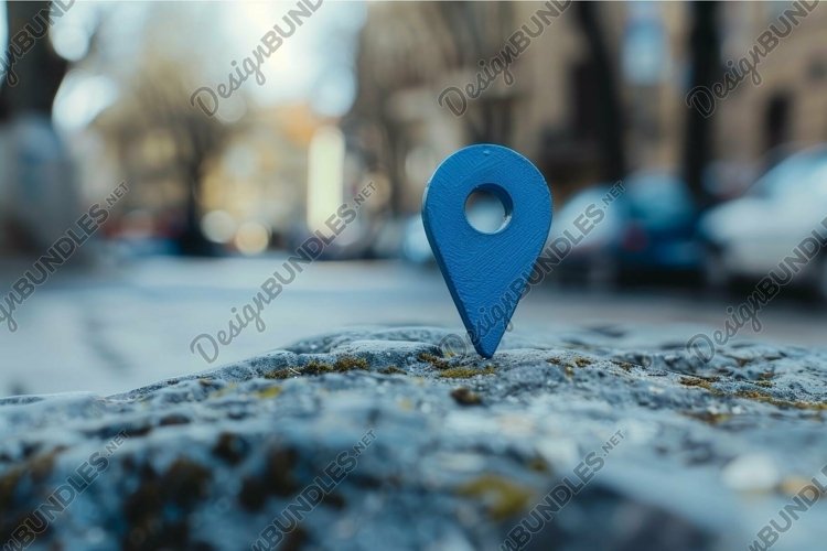 Blue location pin standing on a rock in the city