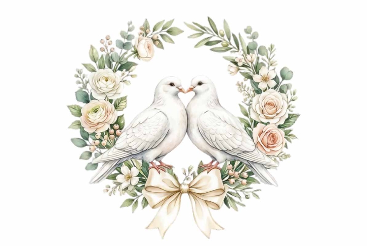 dove pair with floral wreath and ribbon bow, wedding clipart
