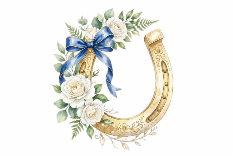 wedding horseshoe, white roses lucky charm clipart