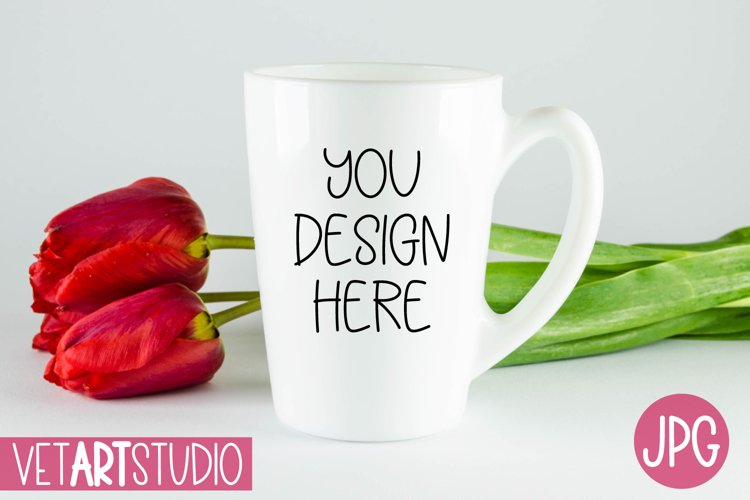 White mug with tulip, Mug mockup, Empty mug template