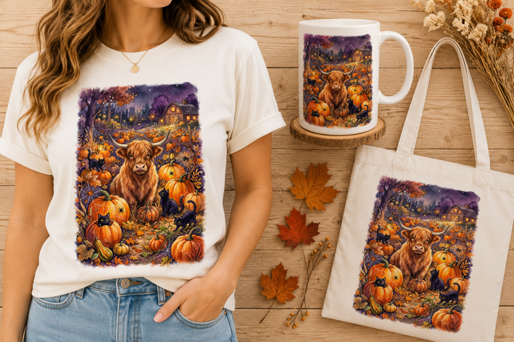 Highland Cow Pumpkin Patch Black Cats Halloween Art