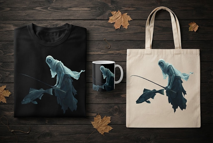 Ghost Fisherman Halloween Design with Fish and Shroud