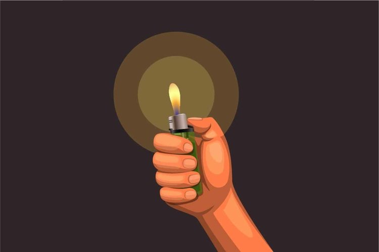 hand hold burning lighter in the dark. concept in realistic example image 1