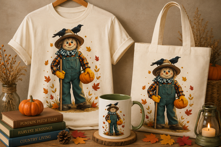Halloween Scarecrow PNG | Cute Pumpkin Farmer with Crows