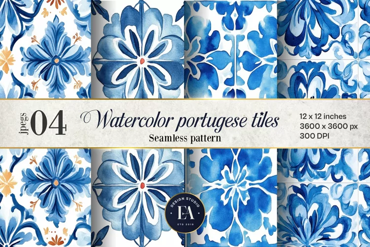 Portuguese Watercolor Tile Pattern, Blue and white tiles