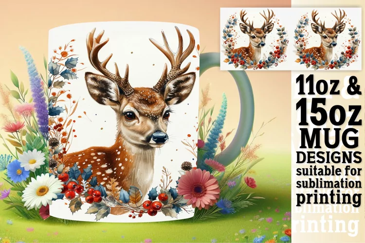 Sublimation Mug Wrap Deer Design Watercolor