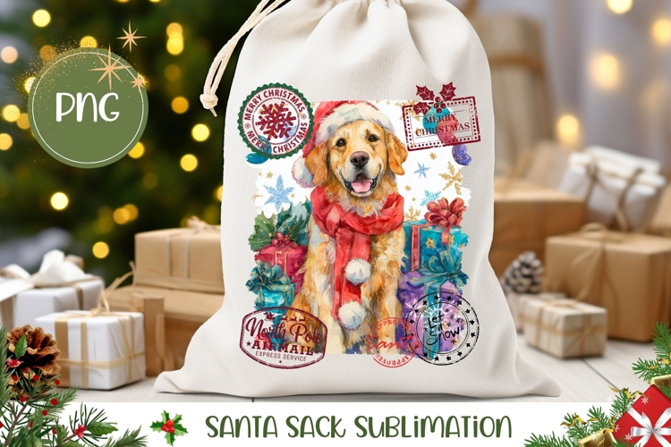 Watercolor Christmas Dog Santa Sack, Christmas Gift Bag