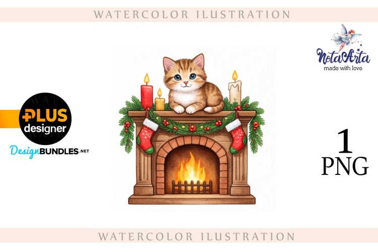 Christmas Kitten in Watercolor Style