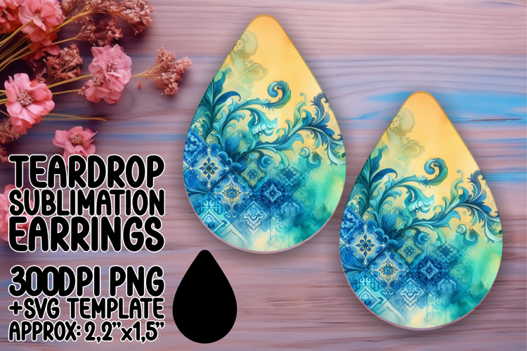 Vibrant Teardrop Earrings Template PNG , Watercolor Patter