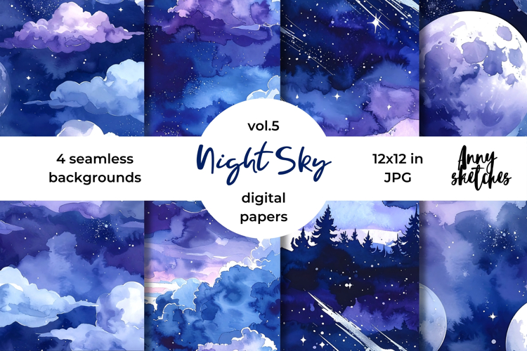 Moon & Night Sky Digital Paper Watercolor Seamless Pattern