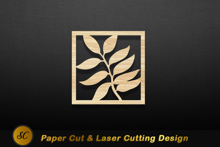 Wooden leaf panel design branch square Laser cut