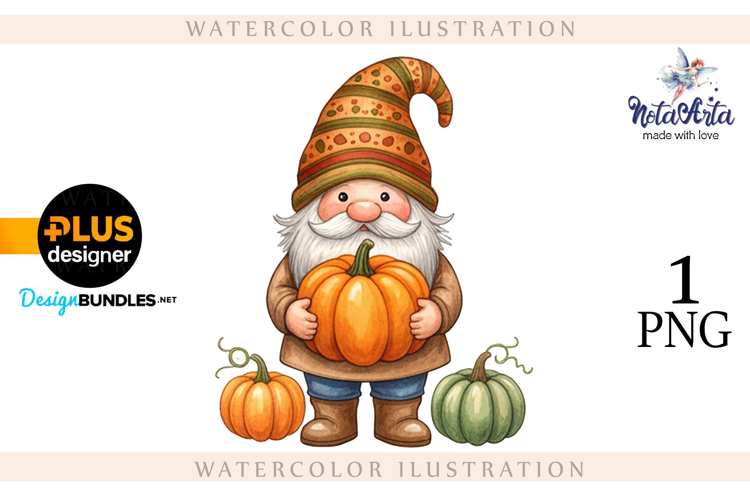 Gnomes with Pumpkin Harvest in Watercolor Style