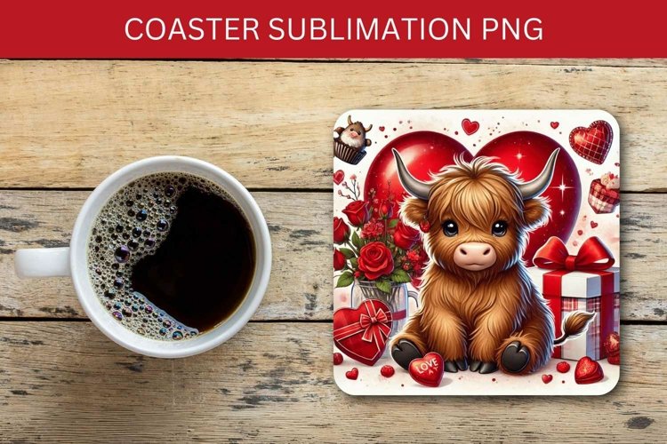 valentine square coaster - highland cow heart
