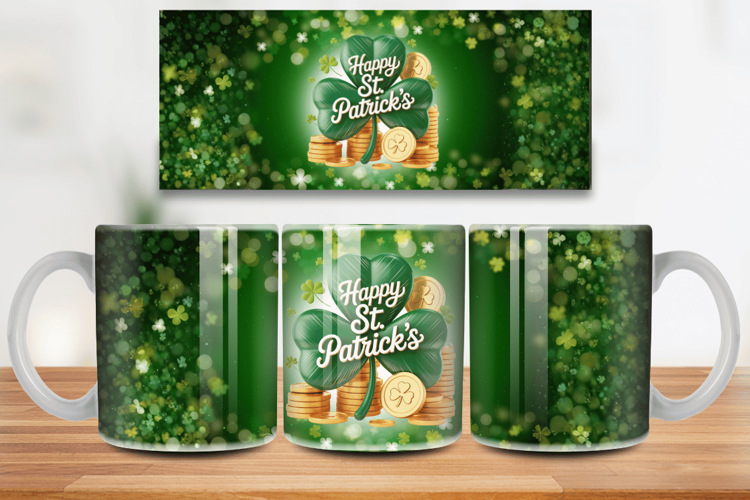 Happy St Patrick’s Day Shamrock and Gold Mug Wrap PNG Sublim