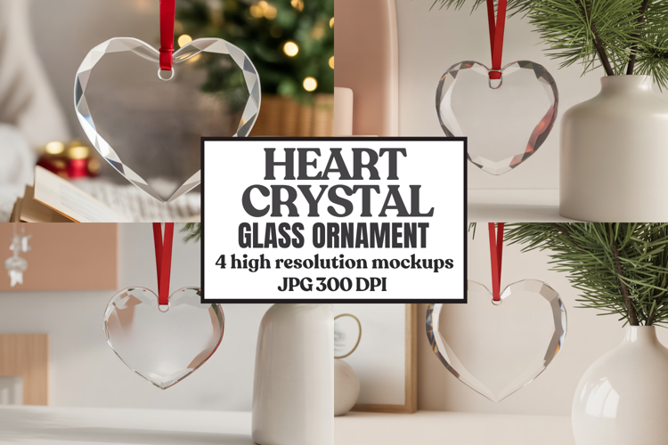 Christmas Heart Crystal Glass Ornament Mockups