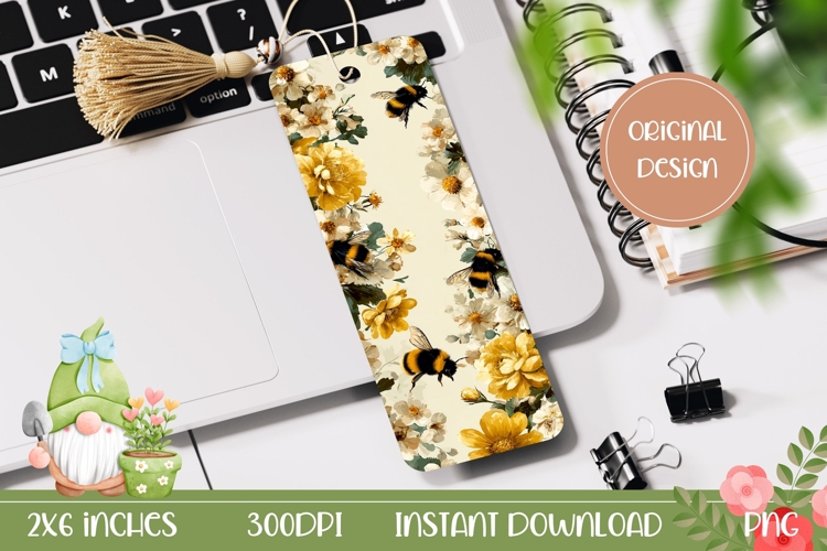 Bee Bookmark PNG, Cartoon Flowers Bookmark Printable