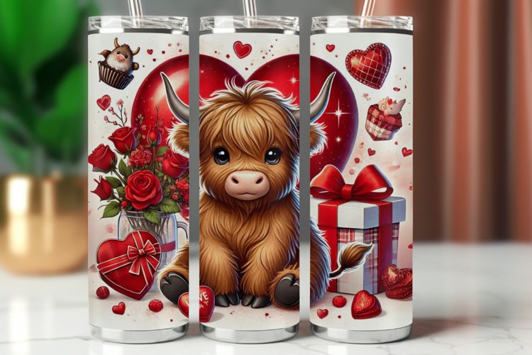 Valentine Tumbler Wrap 20 oz - highland cow with heart