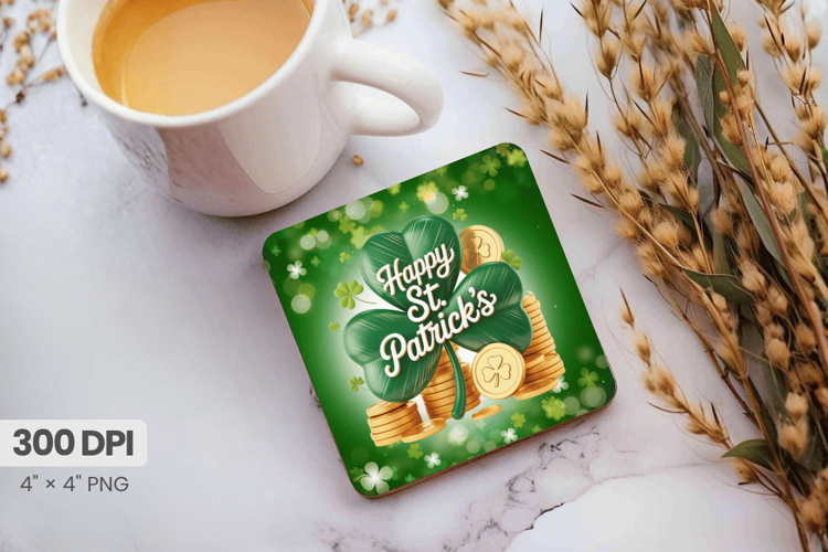Happy St Patrick’s Day Shamrock and Gold Square Coaster PNG