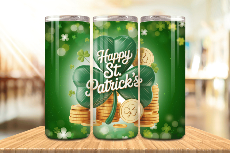 Happy St Patrick’s Day Shamrock and Gold Tumbler Wrap PNG Su