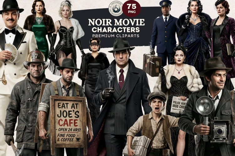 Noir Movie Characters Cliparts | Vintage Film Noir PNG
