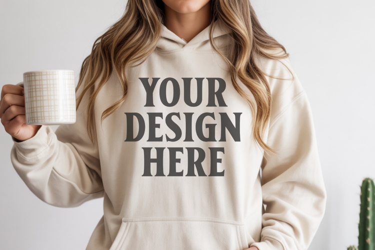 Sand Gildan 18500 Hoodie Sweatshirt Mockup, Unisex Hoodie