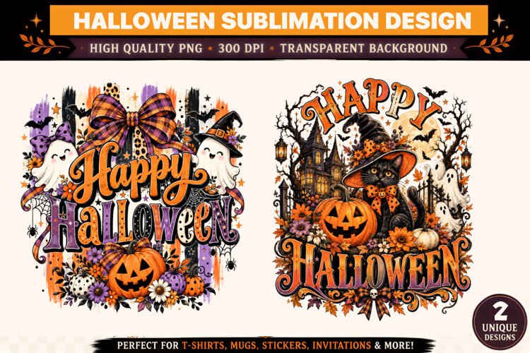 Happy Halloween Sublimation Design, Halloween Cat Ghost Pump example image 1