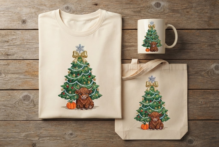 Embroidered Christmas Tree Vampire Cow Holiday Print